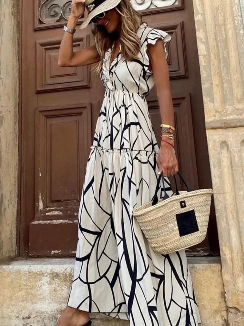 Chic Maxi Dress with Black Abstract Line Print - Picture 1 of 10